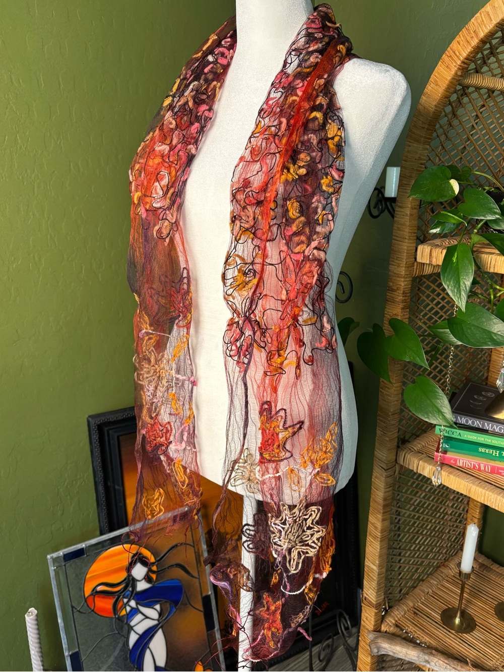 Sheer Floral Embroidered Scarf in Rust, Pink & Gold Floral Fall Autumnal Colors